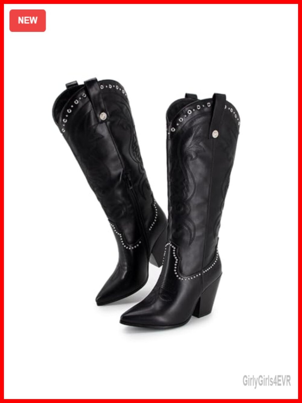 Wide Calf Knee High Cowboy Boots Women Western Pointed Toe Stacked Heel PU